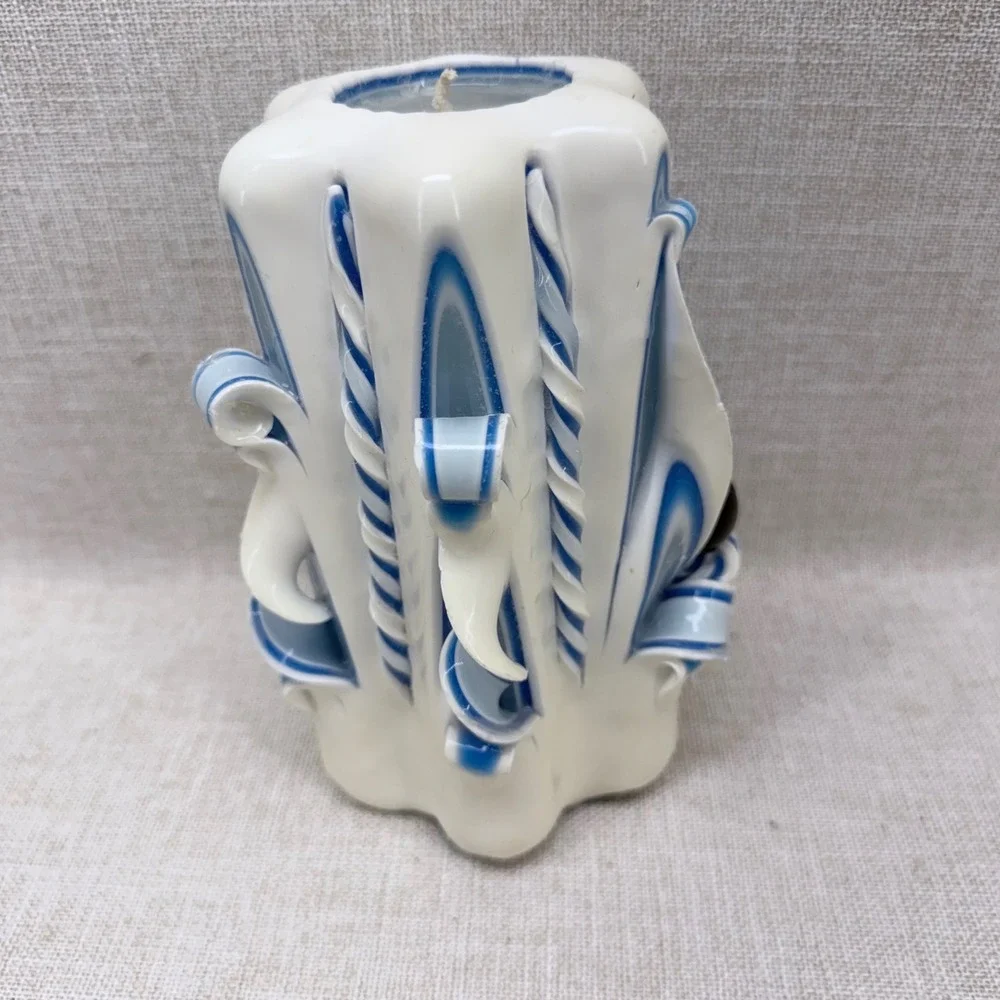 Vintage‎ Virginia Beach Candle Factory Hand Carved Bowling Candle Blue White 6
